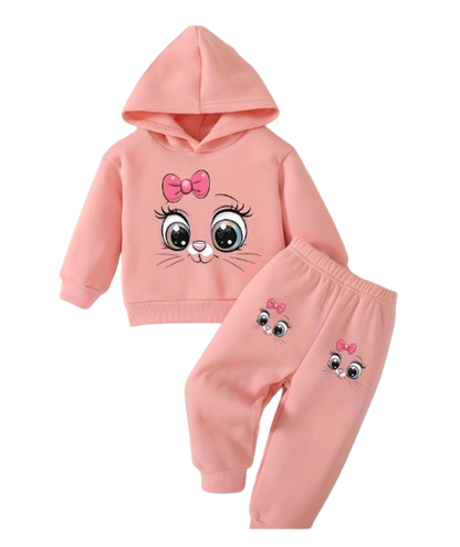 The Shiloh - Baby Girl Cartoon Cat Pattern Long Sleeved Fleece Hooded Sweatshirt + Casual Simple Pants Set