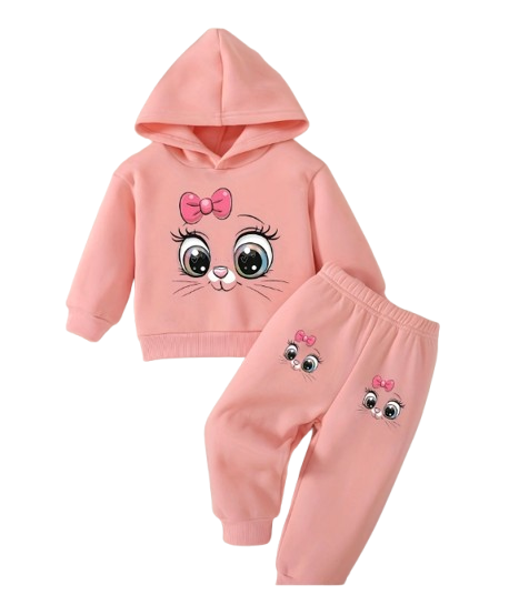 The Shiloh - Baby Girl Cartoon Cat Pattern Long Sleeved Fleece Hooded Sweatshirt + Casual Simple Pants Set