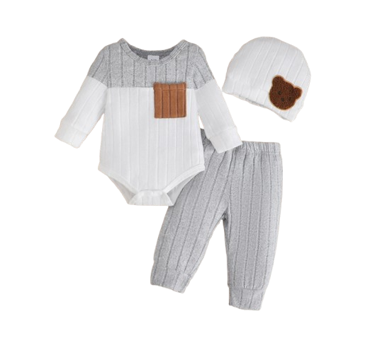 The Sutton - Baby Boy Gray Long Sleeved Color Blocked Bodysuit + Gray Pants + Hat Outfit Set