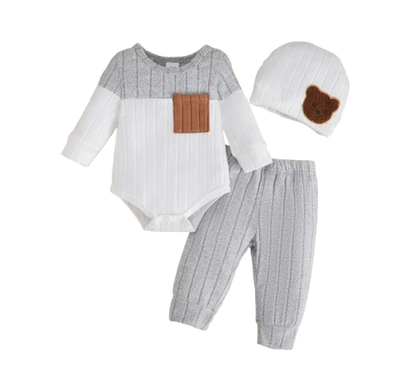 The Sutton - Baby Boy Gray Long Sleeved Color Blocked Bodysuit + Gray Pants + Hat Outfit Set