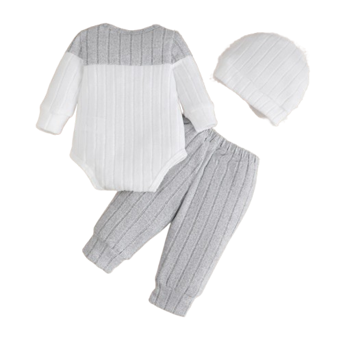 The Sutton - Baby Boy Gray Long Sleeved Color Blocked Bodysuit + Gray Pants + Hat Outfit Set