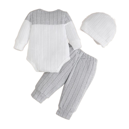 The Sutton - Baby Boy Gray Long Sleeved Color Blocked Bodysuit + Gray Pants + Hat Outfit Set