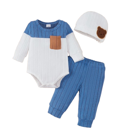 The Sutton - Baby Boy Blue Long Sleeved Color Blocked Bodysuit + Gray Pants + Hat Outfit Set