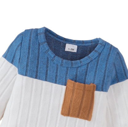 The Sutton - Baby Boy Blue Long Sleeved Color Blocked Bodysuit + Gray Pants + Hat Outfit Set