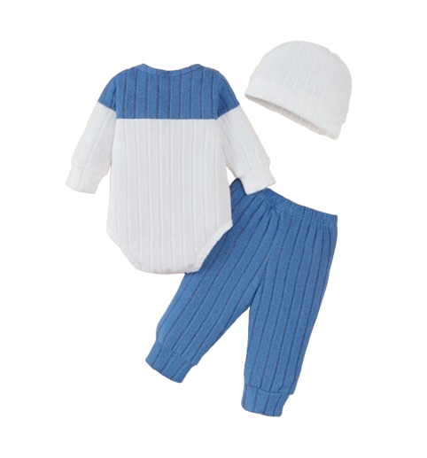 The Sutton - Baby Boy Blue Long Sleeved Color Blocked Bodysuit + Gray Pants + Hat Outfit Set