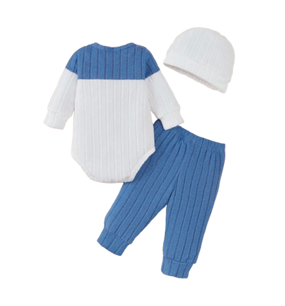 The Sutton - Baby Boy Blue Long Sleeved Color Blocked Bodysuit + Gray Pants + Hat Outfit Set