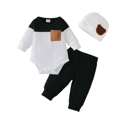 The Sutton - Baby Boy Black Long Sleeved Color Blocked Bodysuit + Gray Pants + Hat Outfit Set