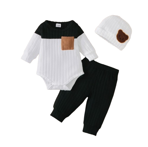 The Sutton - Baby Boy Black Long Sleeved Color Blocked Bodysuit + Gray Pants + Hat Outfit Set