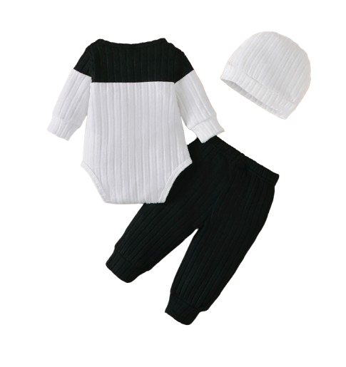 The Sutton - Baby Boy Black Long Sleeved Color Blocked Bodysuit + Gray Pants + Hat Outfit Set