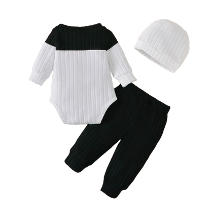 The Sutton - Baby Boy Black Long Sleeved Color Blocked Bodysuit + Gray Pants + Hat Outfit Set