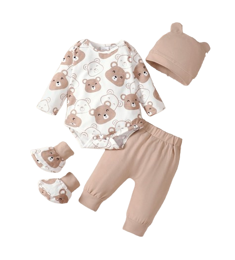 The Fabian - Baby Unisex Brown Little Bear Long Sleeve Bodysuit + Pants + Hat + Socks 4pcs Outfit Set
