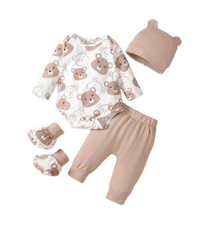 The Fabian - Baby Unisex Brown Little Bear Long Sleeve Bodysuit + Pants + Hat + Socks 4pcs Outfit Set