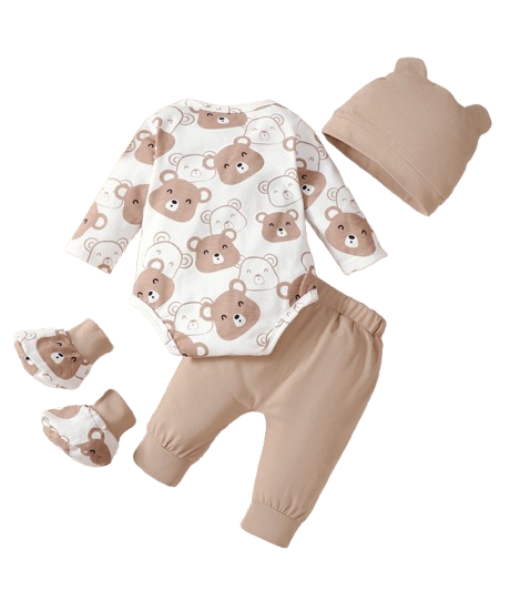 The Fabian - Baby Unisex Brown Little Bear Long Sleeve Bodysuit + Pants + Hat + Socks 4pcs Outfit Set
