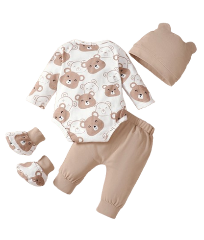 The Fabian - Baby Unisex Brown Little Bear Long Sleeve Bodysuit + Pants + Hat + Socks 4pcs Outfit Set