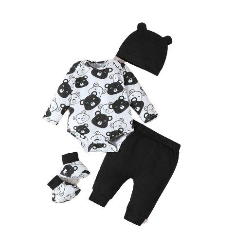 The Fabian - Baby Unisex Black Little Bear Long Sleeve Bodysuit + Pants + Hat + Socks 4pcs Outfit Set