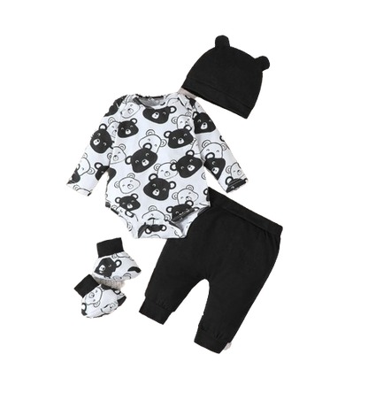 The Fabian - Baby Unisex Black Little Bear Long Sleeve Bodysuit + Pants + Hat + Socks 4pcs Outfit Set