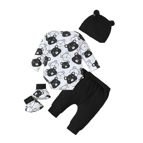 The Fabian - Baby Unisex Black Little Bear Long Sleeve Bodysuit + Pants + Hat + Socks 4pcs Outfit Set