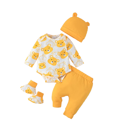 The Fabian - Baby Unisex Yellow Little Bear Long Sleeve Bodysuit + Pants + Hat + Socks 4pcs Outfit Set