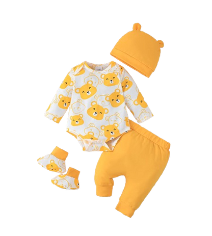 The Fabian - Baby Unisex Yellow Little Bear Long Sleeve Bodysuit + Pants + Hat + Socks 4pcs Outfit Set