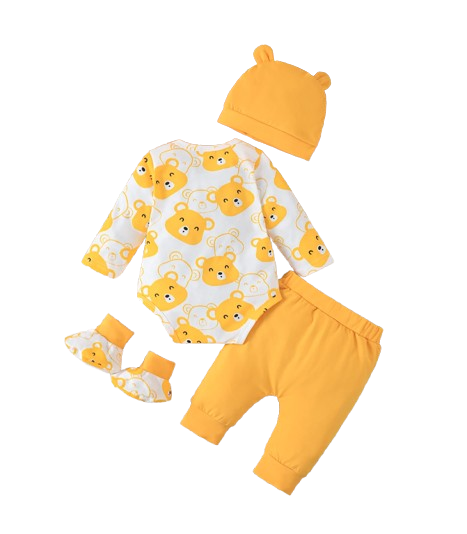 The Fabian - Baby Unisex Yellow Little Bear Long Sleeve Bodysuit + Pants + Hat + Socks 4pcs Outfit Set
