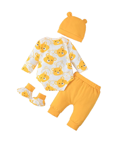 The Fabian - Baby Unisex Yellow Little Bear Long Sleeve Bodysuit + Pants + Hat + Socks 4pcs Outfit Set