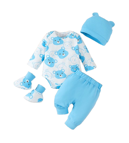 The Fabian - Baby Unisex Light Blue Little Bear Long Sleeve Bodysuit + Pants + Hat + Socks 4pcs Outfit Set