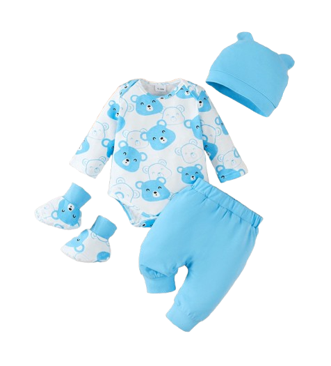 The Fabian - Baby Unisex Light Blue Little Bear Long Sleeve Bodysuit + Pants + Hat + Socks 4pcs Outfit Set