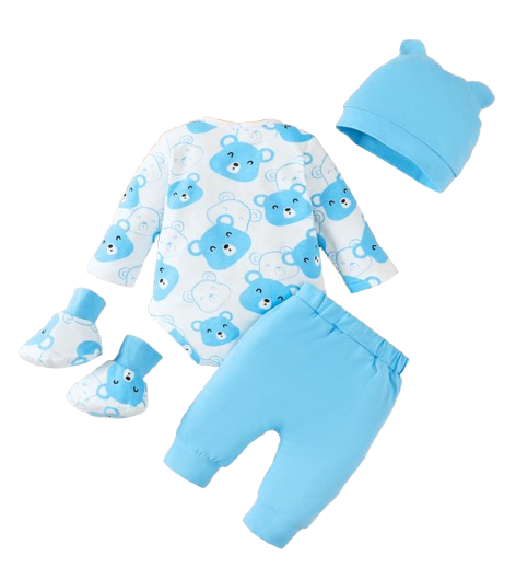 The Fabian - Baby Unisex Light Blue Little Bear Long Sleeve Bodysuit + Pants + Hat + Socks 4pcs Outfit Set