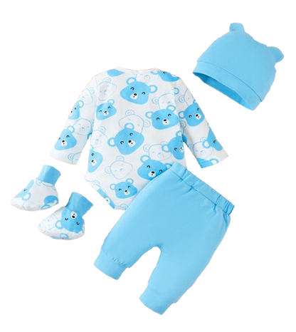 The Fabian - Baby Unisex Light Blue Little Bear Long Sleeve Bodysuit + Pants + Hat + Socks 4pcs Outfit Set