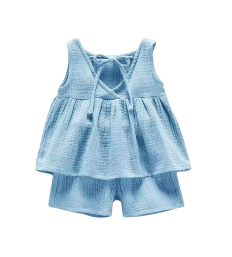 The Elianna - Baby Girl Light Blue Muslin Cotton Sleeveless Vest Dress Shorts
