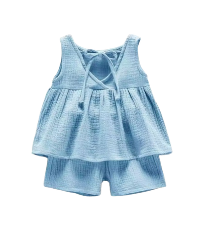 The Elianna - Baby Girl Light Blue Muslin Cotton Sleeveless Vest Dress Shorts
