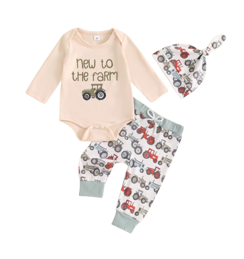 The Tanner - Baby Boy "New To The Farm" Print Tractor Long Sleeve Embroidery Romper