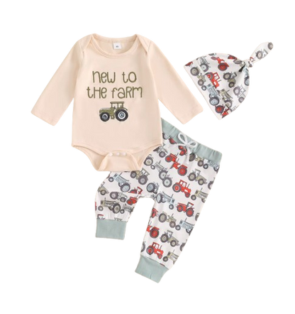 The Tanner - Baby Boy "New To The Farm" Print Tractor Long Sleeve Embroidery Romper