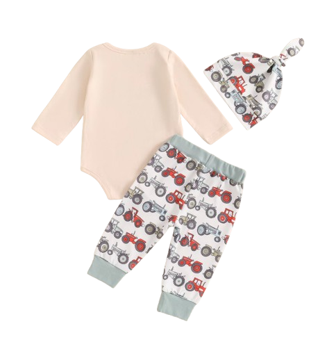 The Tanner - Baby Boy "New To The Farm" Print Tractor Long Sleeve Embroidery Romper