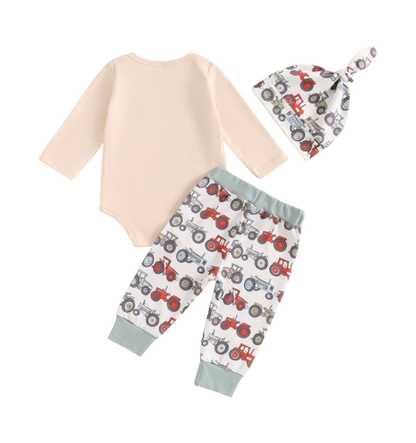The Tanner - Baby Boy "New To The Farm" Print Tractor Long Sleeve Embroidery Romper
