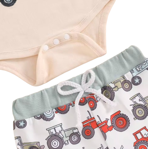 The Tanner - Baby Boy "New To The Farm" Print Tractor Long Sleeve Embroidery Romper