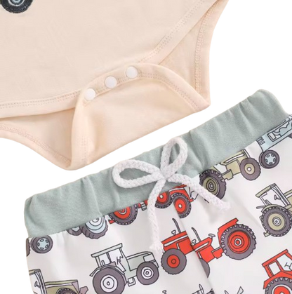 The Tanner - Baby Boy "New To The Farm" Print Tractor Long Sleeve Embroidery Romper