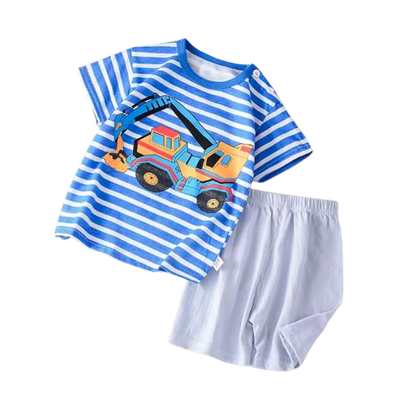 The Rowen - Baby Boy Cartoon Excavator Striped T-Shirt + Shorts