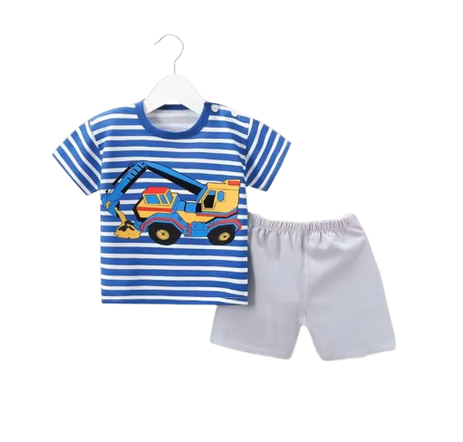 The Rowen - Baby Boy Cartoon Excavator Striped T-Shirt + Shorts