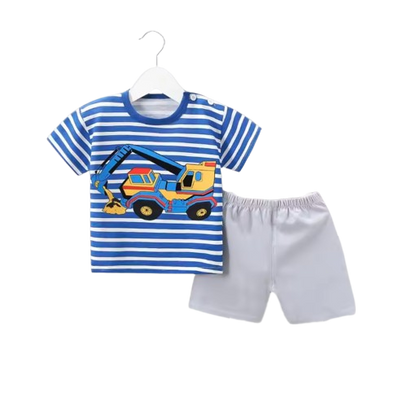 The Rowen - Baby Boy Cartoon Excavator Striped T-Shirt + Shorts