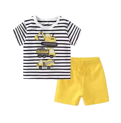 The Isaias - Baby Boy Yellow Tractor Cartoon Tracksuits Short Sleeve Tshirt + Shorts
