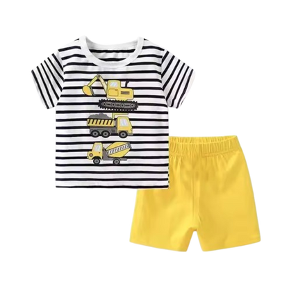 The Isaias - Baby Boy Yellow Tractor Cartoon Tracksuits Short Sleeve Tshirt + Shorts