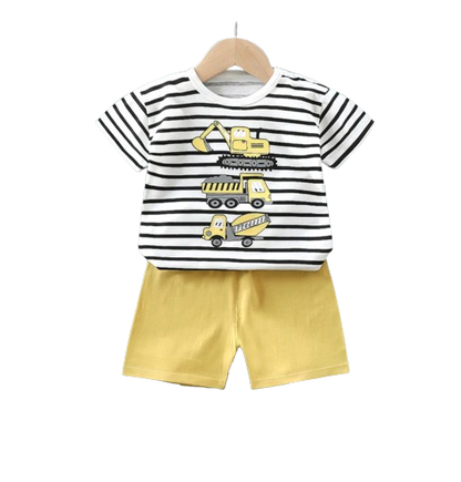 The Isaias - Baby Boy Yellow Tractor Cartoon Tracksuits Short Sleeve Tshirt + Shorts