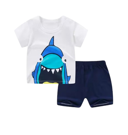 The Zayne - Baby Boy Blue Shark Cartoon Print T-shirt + Loose Shorts