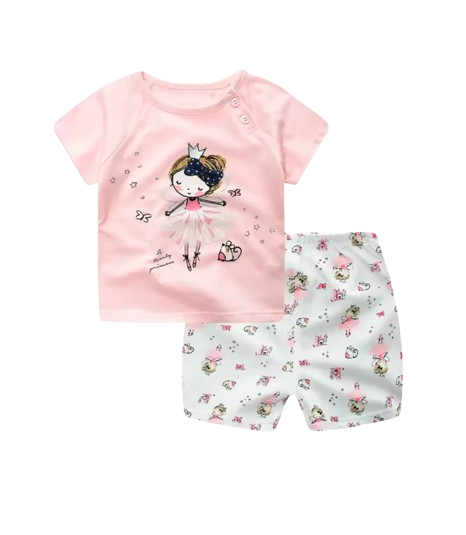 The Zayne - Baby Girl Pink Lady Cartoon Print T-shirt + Loose Shorts