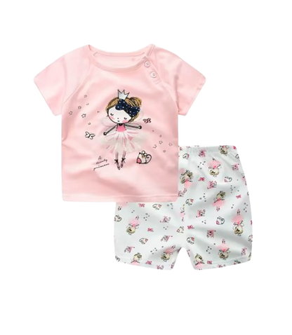 The Zayne - Baby Girl Pink Lady Cartoon Print T-shirt + Loose Shorts