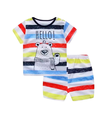 The Zayne - Baby Boy Hello Bear Print Rainbow Cartoon Print T-shirt + Loose Shorts