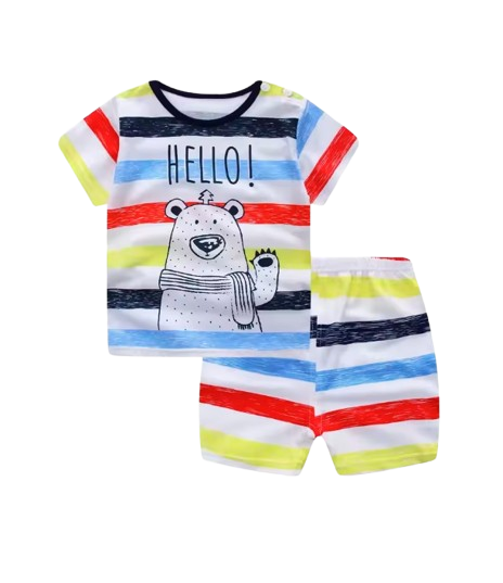 The Zayne - Baby Boy Hello Bear Print Rainbow Cartoon Print T-shirt + Loose Shorts