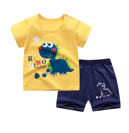 The Zayne - Baby Boy Hi Dino Cartoon Print T-shirt + Loose Shorts