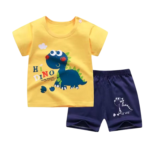 The Zayne - Baby Boy Hi Dino Cartoon Print T-shirt + Loose Shorts